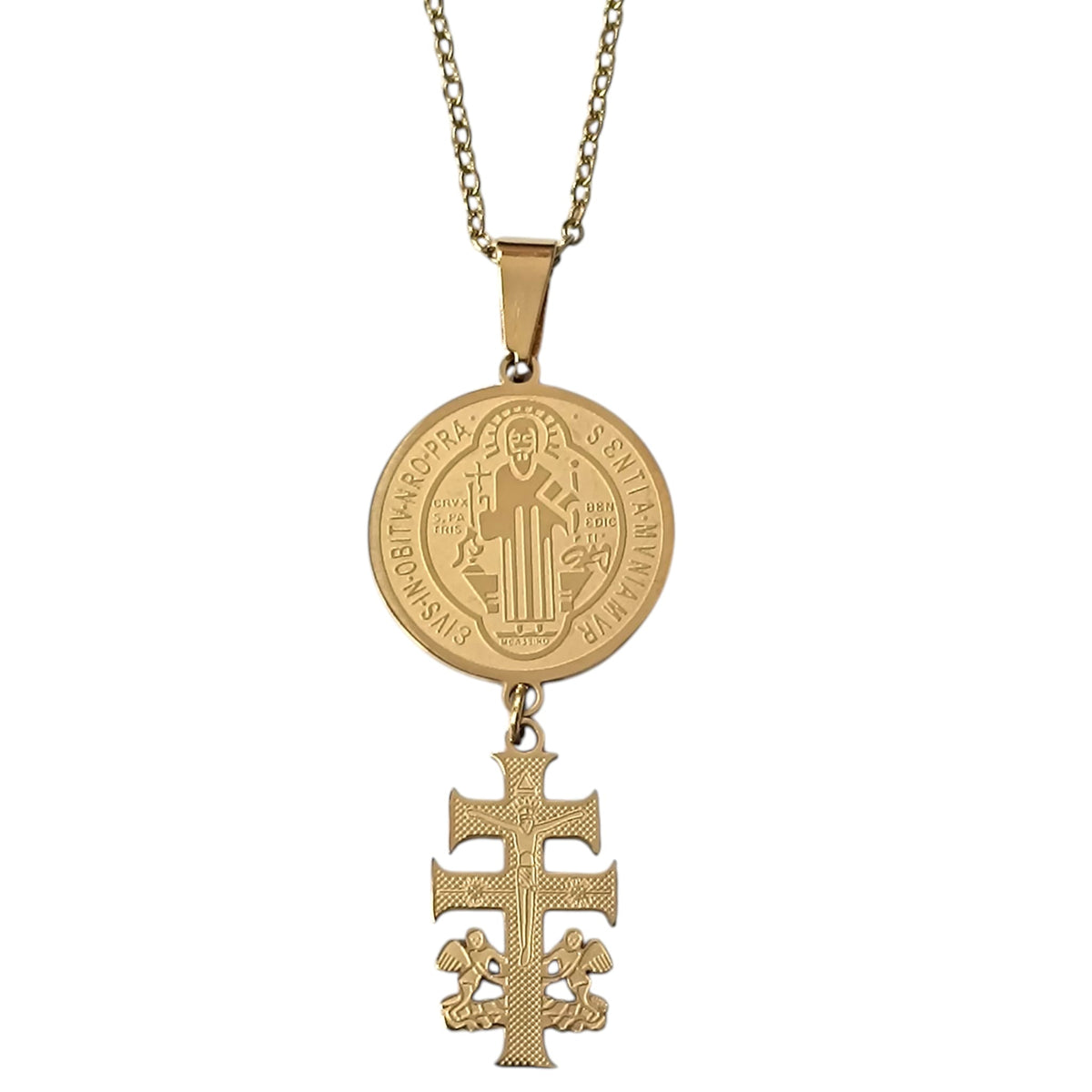 Collar Acero Dorado Doble Proteccion Medalla San Benito mm Cadena 42+5 Cms REF: 600104414