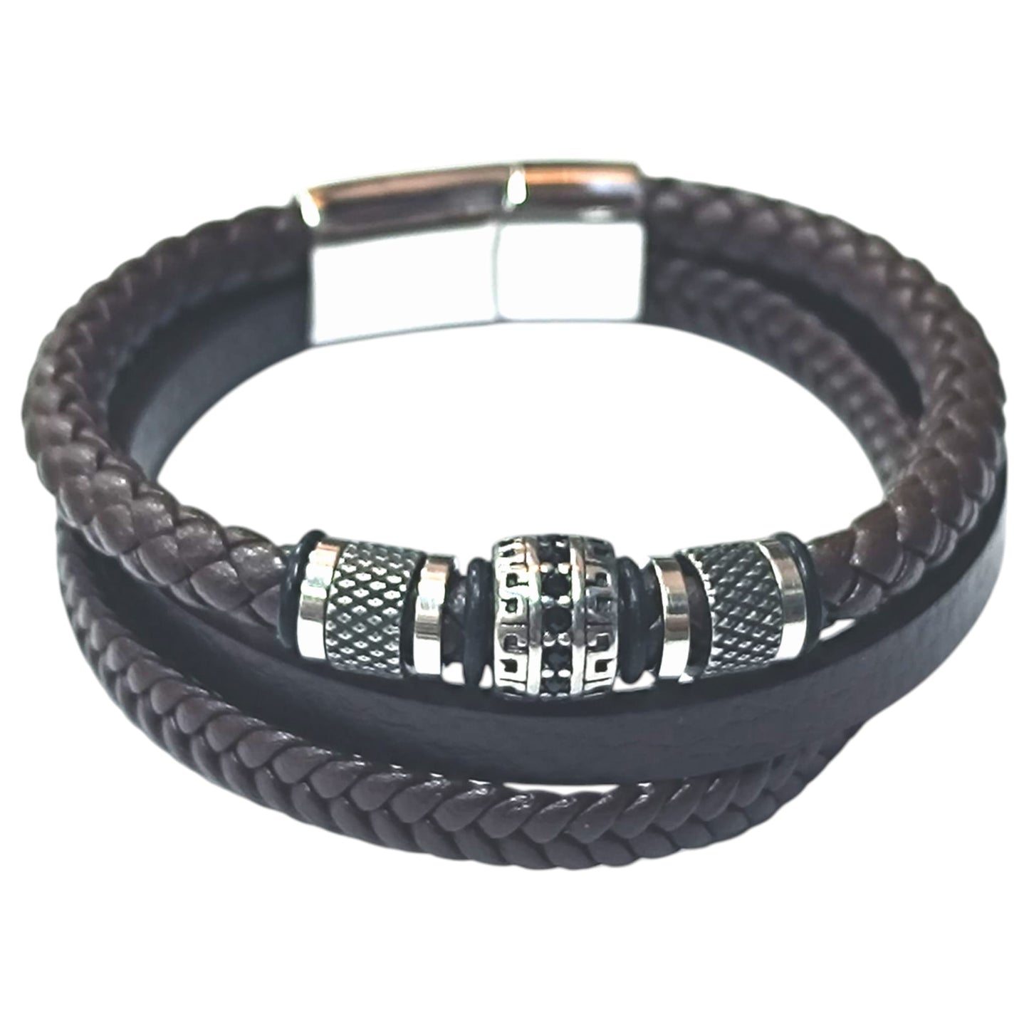 Pulsera Acero Y Cuero Marron Largo 22 Cms Aprox 401104257-002