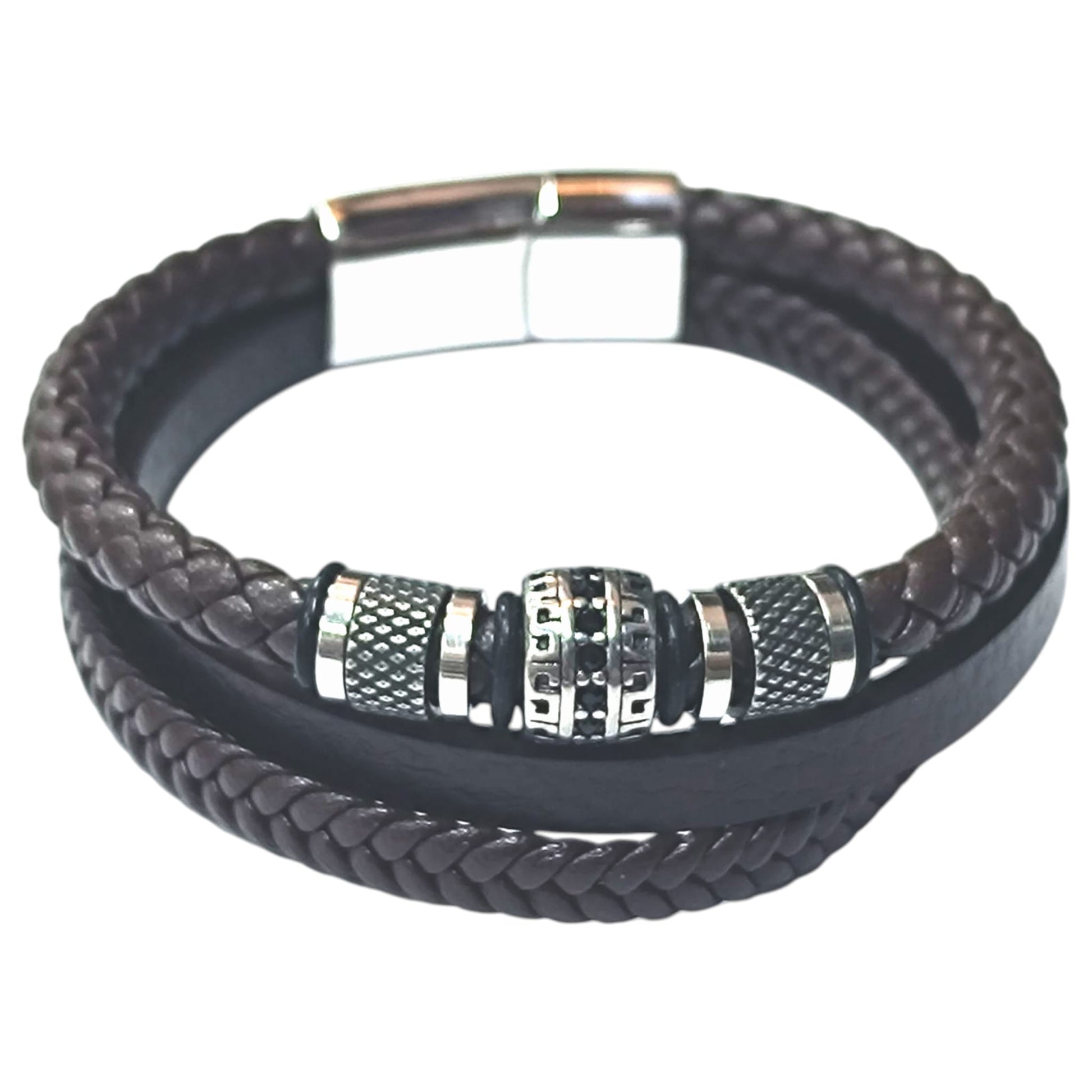 Pulsera Acero Y Cuero Marron Largo 22 Cms Aprox 401104257-002