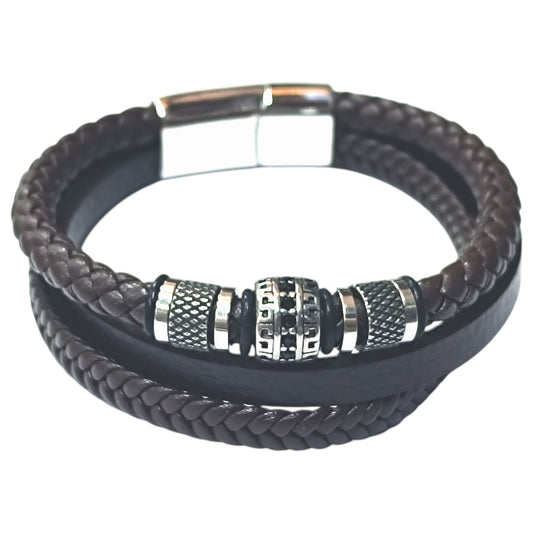 Pulsera Acero Y Cuero Marron Largo 22 Cms Aprox 401104257-002