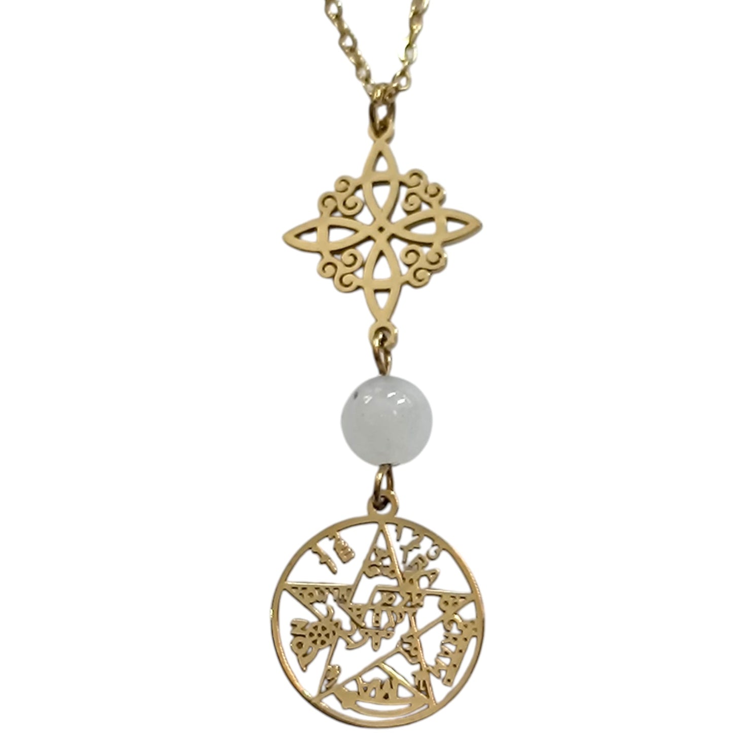 Collar Acero Dorado Doble Proteccion Y Piedra Natural Cuarzo Blanco Cadena 40+5 Cms 400503423-06