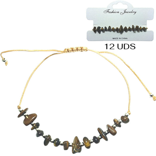 Paquete 12 Pulseras Hilo Con Piedra Ojo De Tigre Chips Y Bolas Acero