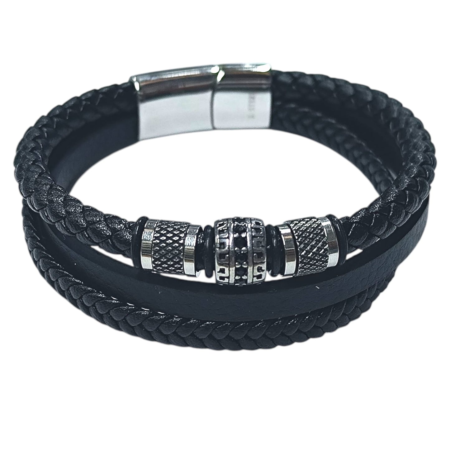Pulsera Acero Y Cuero Negro Largo 22 Cms Aprox 401104257-001