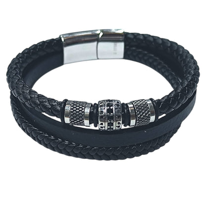 Pulsera Acero Y Cuero Negro Largo 22 Cms Aprox 401104257-001