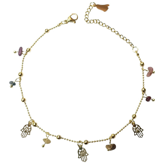 Tobillera Acero Inoxidable Dorado Con Dije Mano Fatima Y Piedras 61056-03