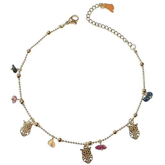 Tobillera Acero Inoxidable Dorado Con Dije Buho Y Piedras 61056-02