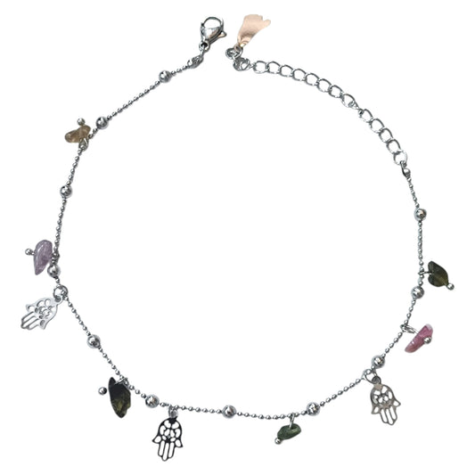 Tobillera Acero Inoxidable Con Dijes Mano De Fatima Y Piedras 61055-03