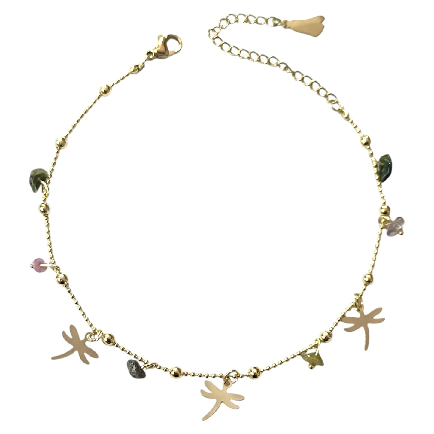 Tobillera Acero Inoxidable Dorado Con Dije Mano Libelula Y Piedras 61056-04