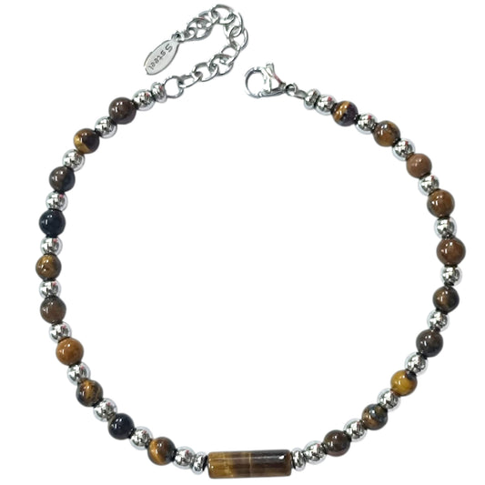 Pulsera Acero Y Piedra Natural Ojo De Tigre 4 mm Cierre Mosqueton 21 cms Largo 400104244-01