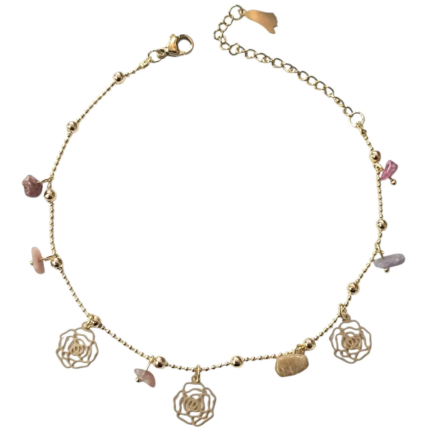 Tobillera Acero Inoxidable Dorado Con Dijes Rosas Y Piedras 61056-06