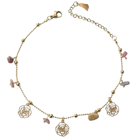 Tobillera Acero Inoxidable Dorado Con Dijes Rosas Y Piedras 61056-06