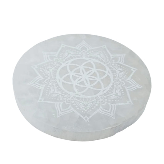 Plato Selenita Grabado Flor Vida Y Mandala 10 Cms Aprox 401204168