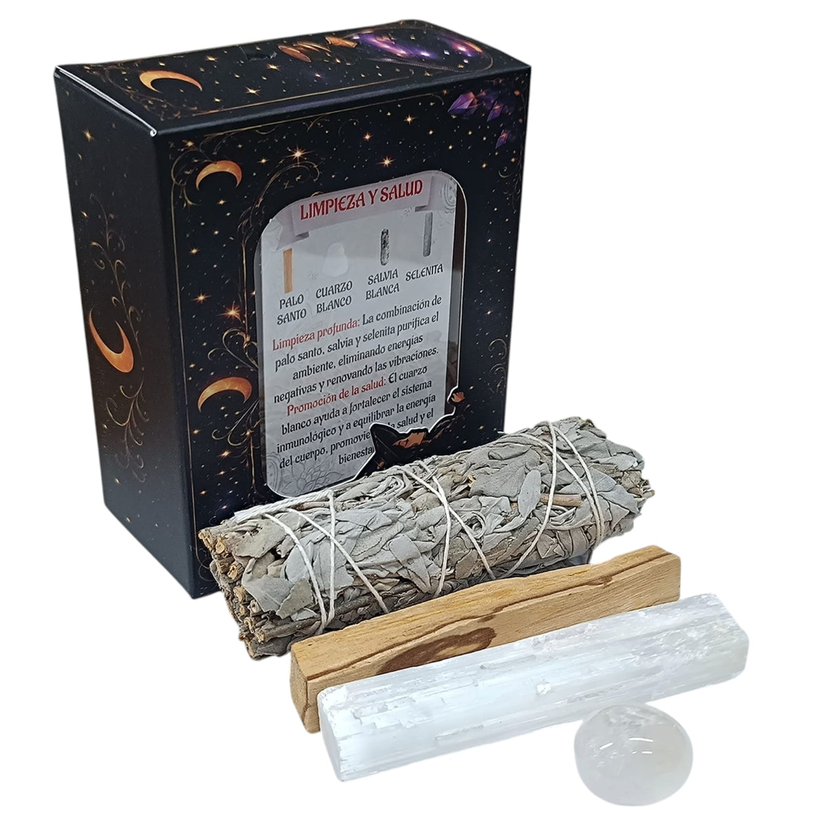 Kit Limpieza Y Salud :Atado Salvia , Palo Santo, Selenita y Cuarzo Blanco 200002979