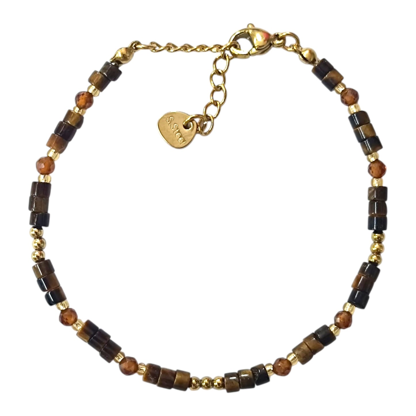 Pulsera Acero Dorado Y Piedra Natural Ojo De Tigre - Cierre Mosqueton 21 cms Largo 400104242-09