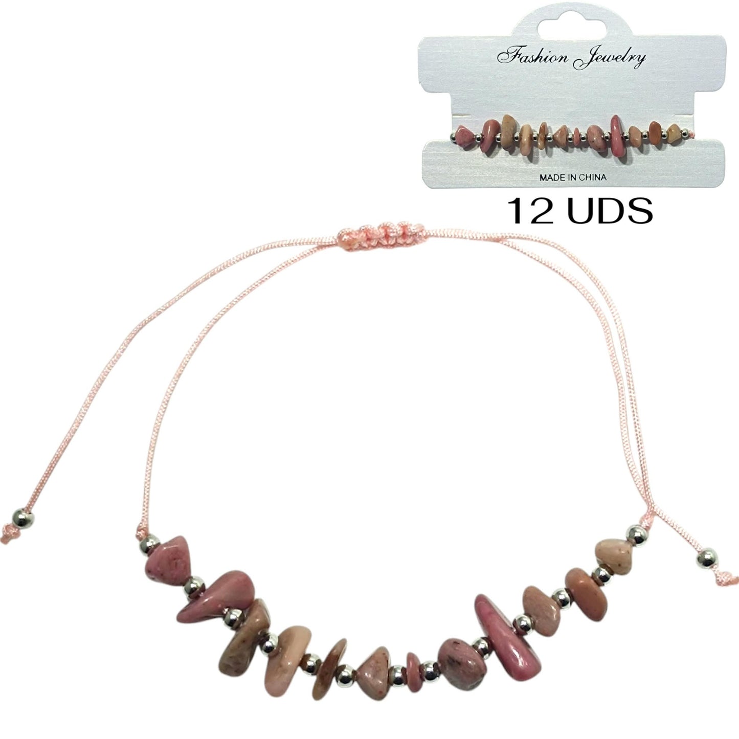 Paquete 12 Pulseras Hilo Con Piedra Rodonita Chips Y Bolas Acero