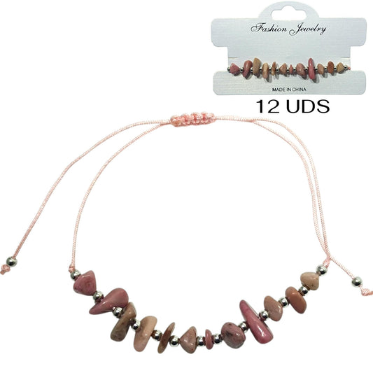 Paquete 12 Pulseras Hilo Con Piedra Rodonita Chips Y Bolas Acero