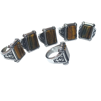 Juego 6 Anillos Acero Inoxidable Ancla Con Piedra Natural Ojo De Tigre Con Diferentes Tallas Desde T18 a T22 REF: 60503-02
