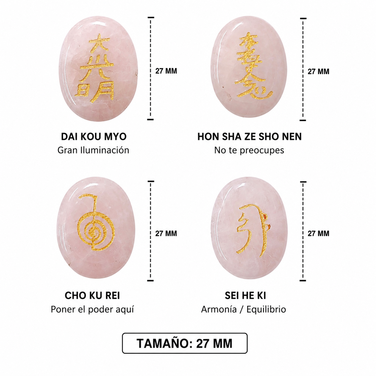 Kit Juego Piedra Natural Cuarzo Rosa con los 4 simbolos de Reiki 4 Pcs Ref:37986-02