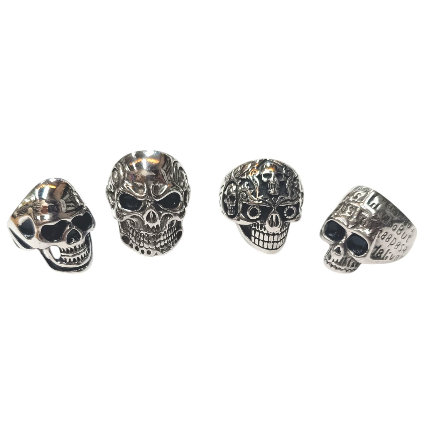 Juego 4 Anillos Acero Inoxidable Calavera Modelos Surtidos Con Diferentes Tallas Desde T18 a T22 REF: 400101477-01