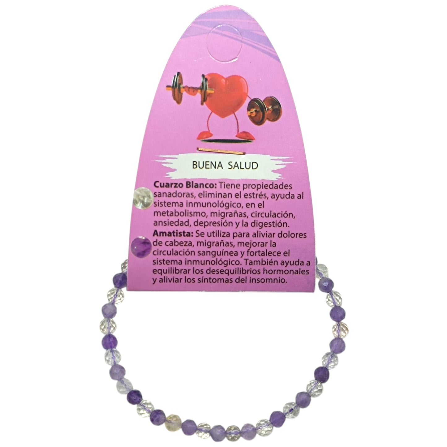 Pulsera Combinada Buena Salud Piedra Natural Facetada Cuarzo Blanco Amatista 4 mm Ref: 70274