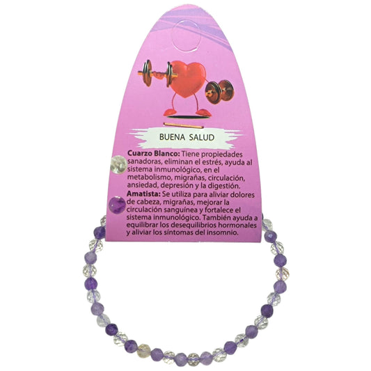 Pulsera Combinada Buena Salud Piedra Natural Facetada Cuarzo Blanco Amatista 4 mm Ref: 70274