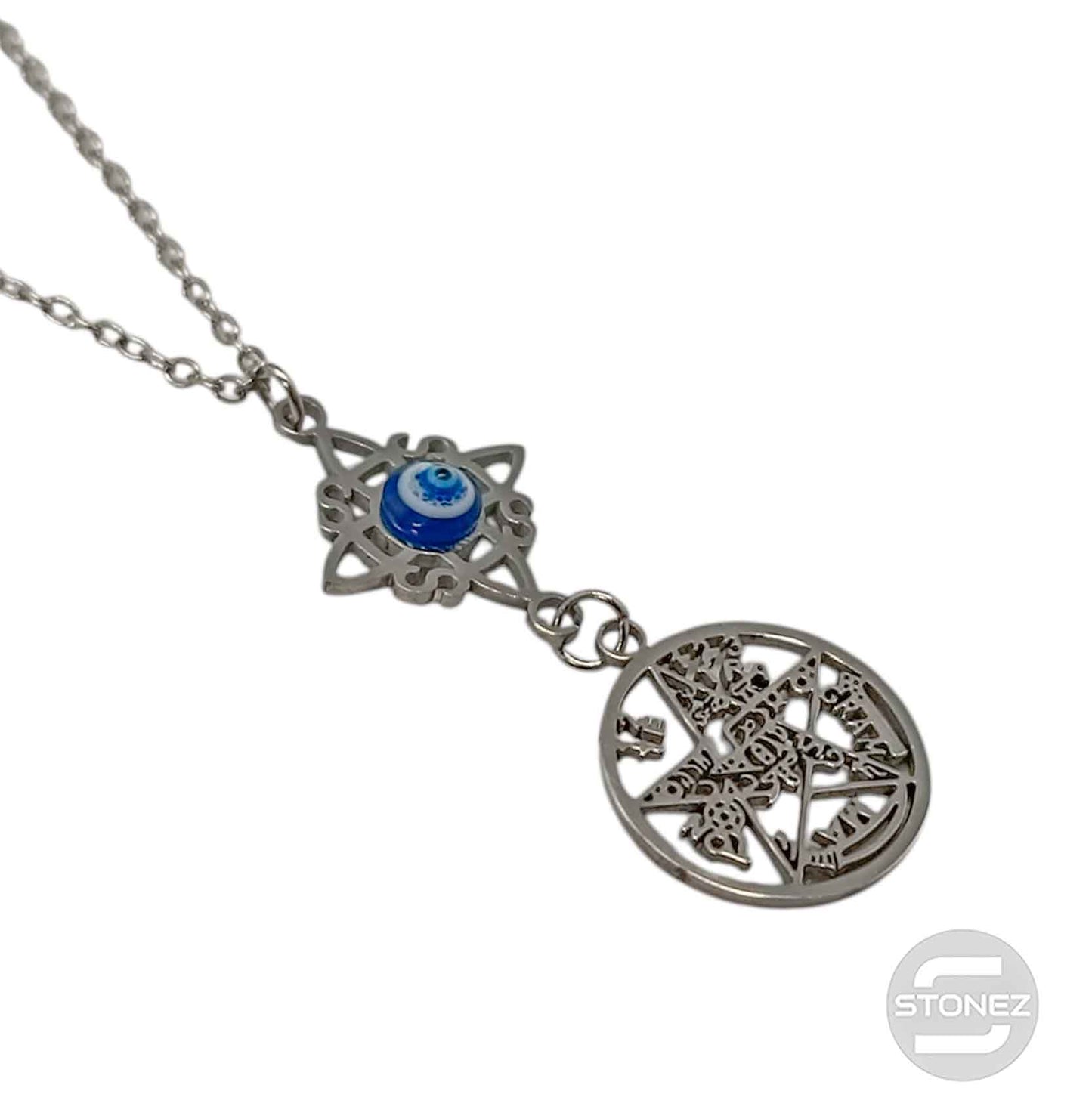 Collar Doble Poteccion Nudo De Bruja Ojo Turco Y Tetragramaton Cadena 40+5 Cms