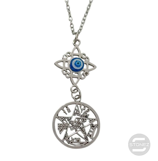 Collar Doble Poteccion Nudo De Bruja Ojo Turco Y Tetragramaton Cadena 40+5 Cms