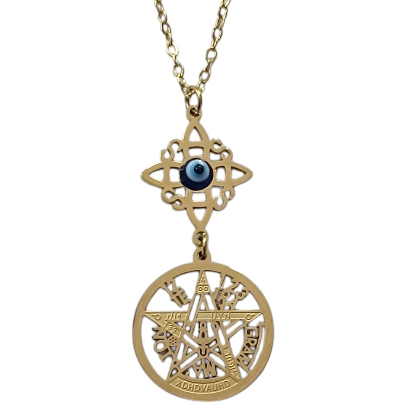 Collar Acero Dorado Doble Proteccion Nudo De Bruja Y Tetragramaton Con Ojo Turco Cadena 40+5 Cms 400503247-17