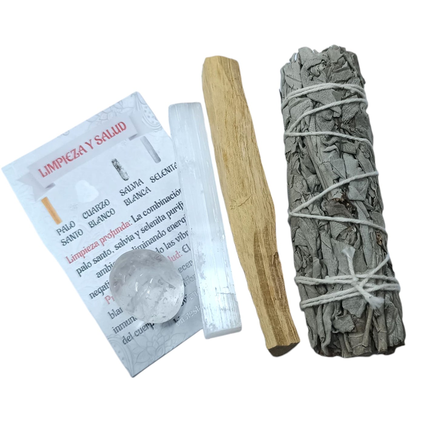 Kit Limpieza Y Salud :Atado Salvia , Palo Santo, Selenita y Cuarzo Blanco - stonez