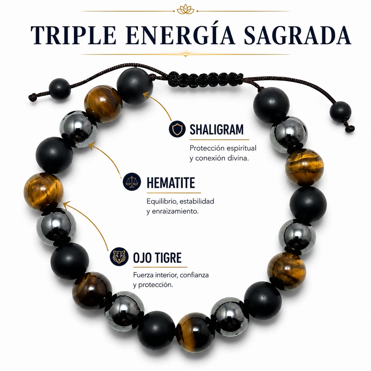 Pulsera Macrame Triple Energia Sagrada Combinando Shaligram Hematite Y Ojo De Tigre 10 mm REF: 600404341