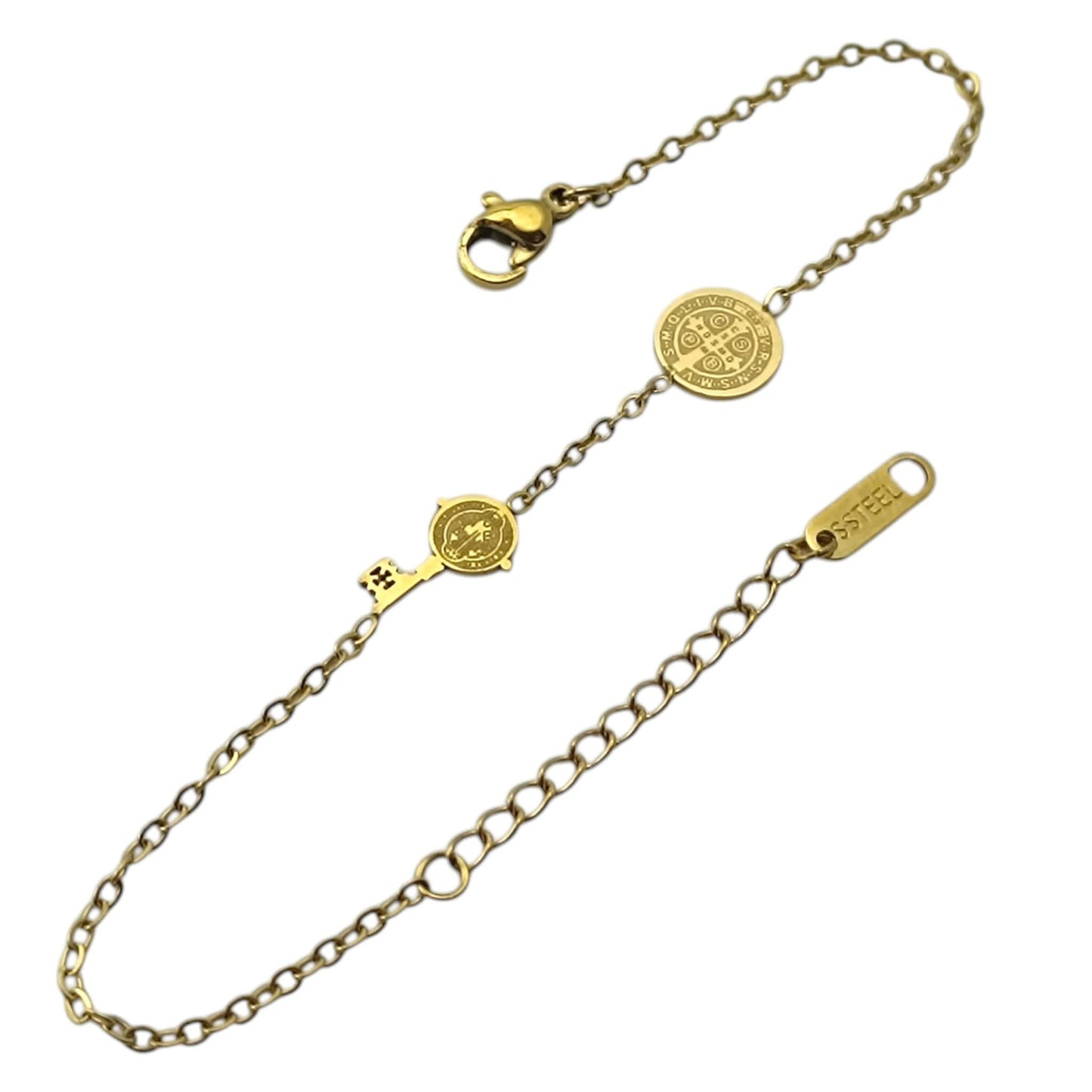 Pulsera Acero Dorado Doble Proteccion Con Dije Llave San Benito Y Medalla San Benito 18cms Aprox Ref: 600104457