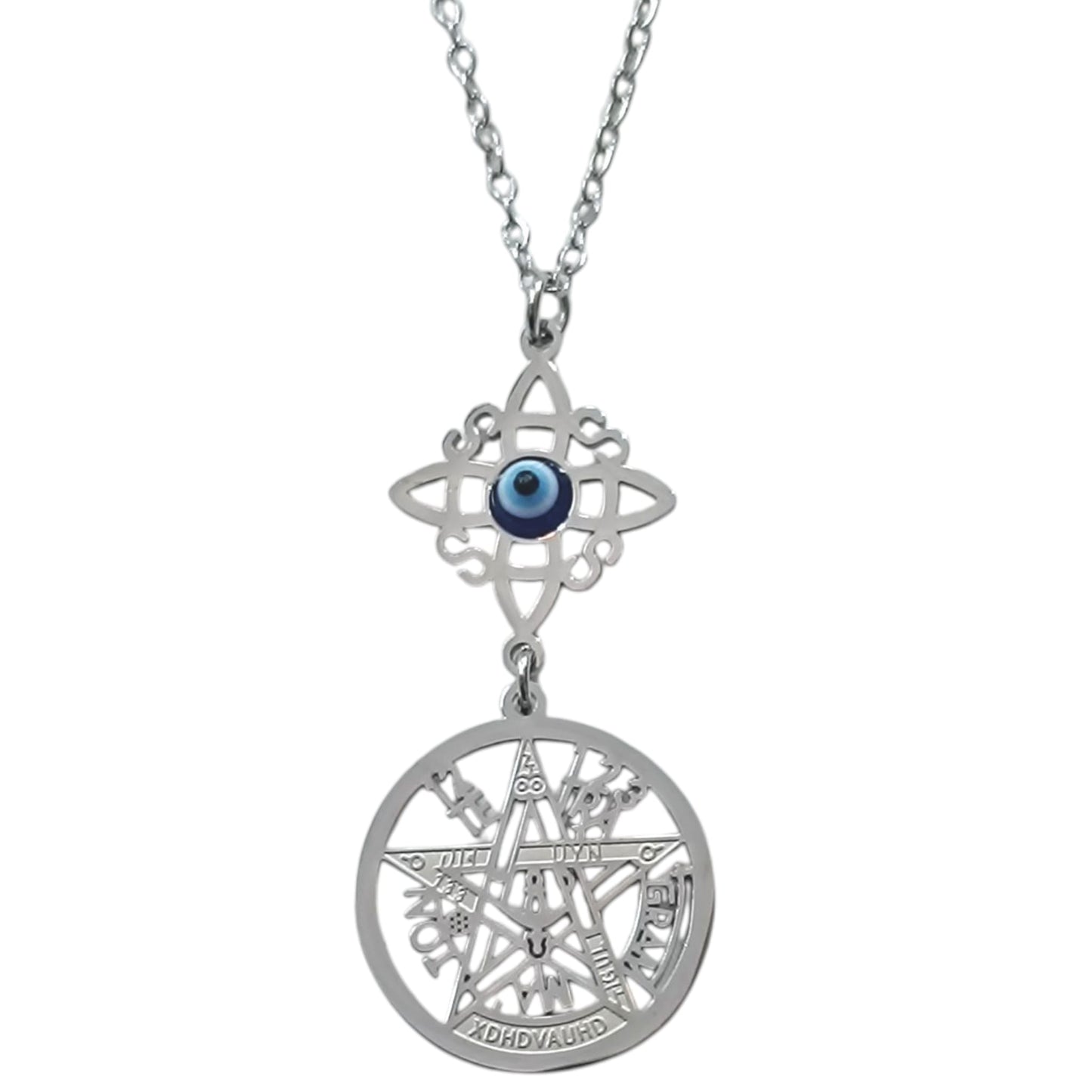 Collar Acero Doble Proteccion Nudo De Bruja Y Tetragramaton Con Ojo Turco Cadena 40+5 Cms 400503247-17