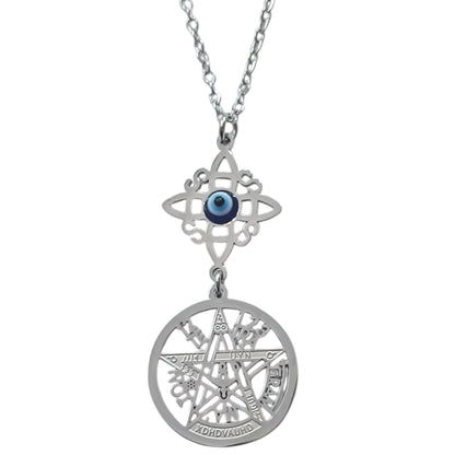 Collar Acero Doble Proteccion Nudo De Bruja Y Tetragramaton Con Ojo Turco Cadena 40+5 Cms 400503247-17