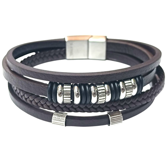 Pulsera Acero Y Cuero Marron Largo 22 Cms Aprox 401104257-006