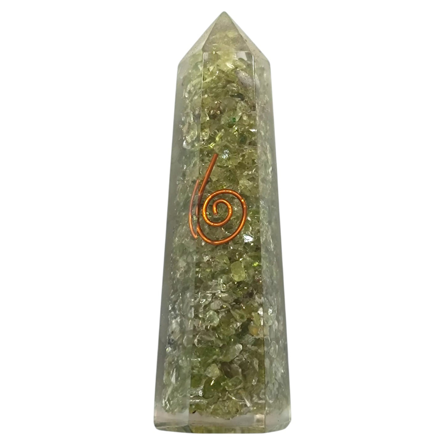 Obelisco Orgonita y Piedras Olivino Dije Espiral 7,5 Cms Aprox