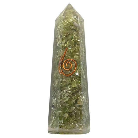 Obelisco Orgonita y Piedras Olivino Dije Espiral 7,5 Cms Aprox