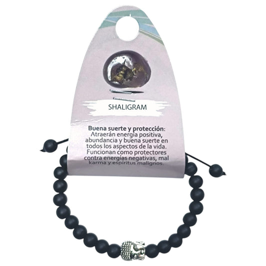 Pulsera Ajustable Macrame Piedra Shaligram 6 mm Y Entrepieza Tibetana Buda REF: 600404339-02