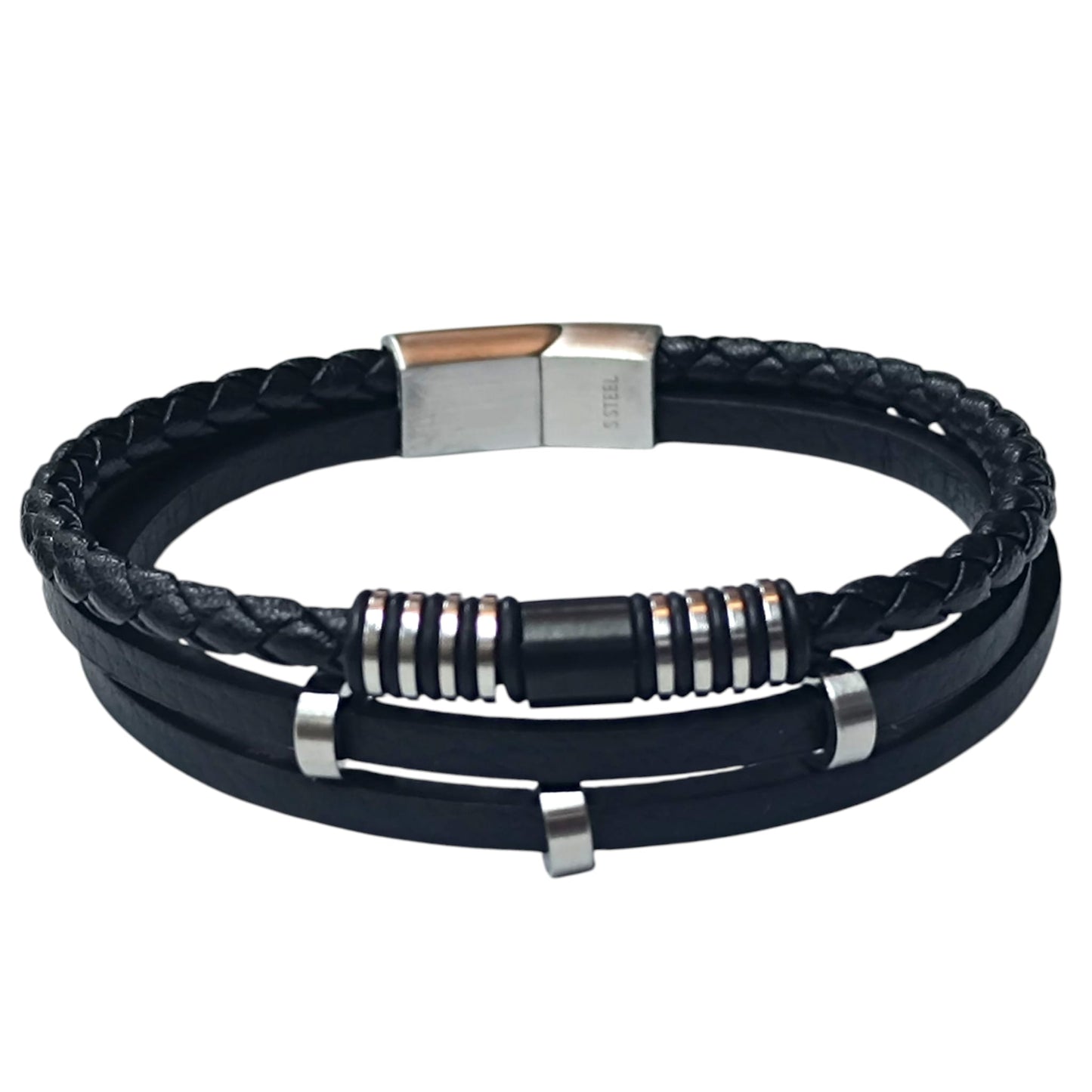 Pulsera Acero Y Cuero Negro Largo 22 Cms Aprox 401104257-17