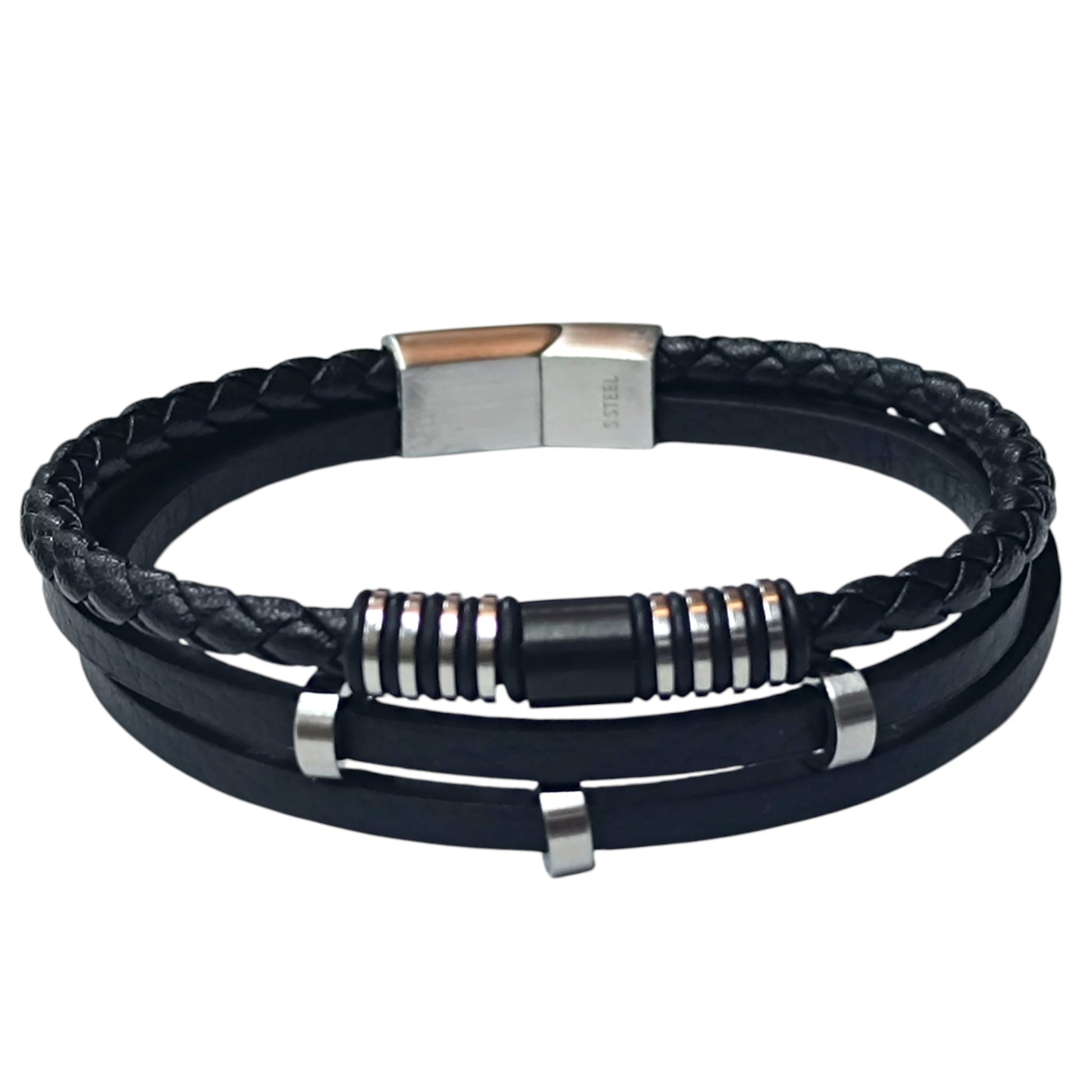 Pulsera Acero Y Cuero Negro Largo 22 Cms Aprox 401104257-17