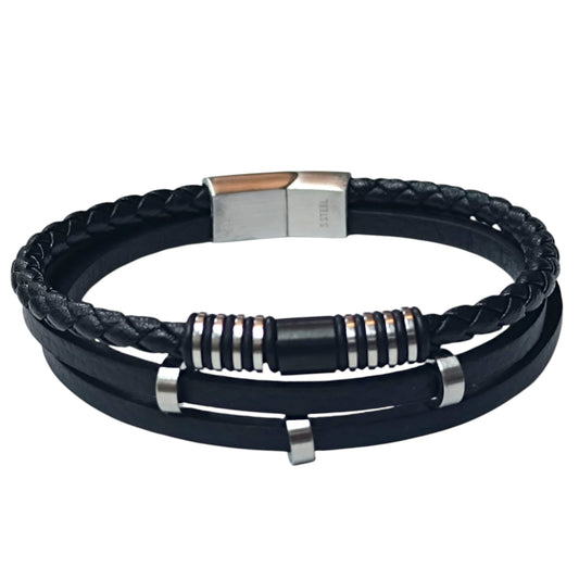 Pulsera Acero Y Cuero Negro Largo 22 Cms Aprox 401104257-17
