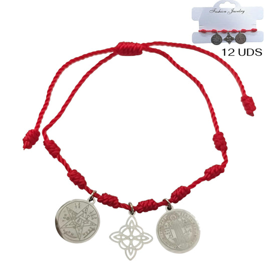 Paquete 12 Pulseras 7 Nudos Con Dije Nudo De Bruja - Tetragramaton - San Benito En Acero REF: 600104467
