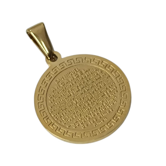 600103451-07 Colgante Acero Dorado Medalla San Miguel 20 mm Con Oracion En La Parte Trasera