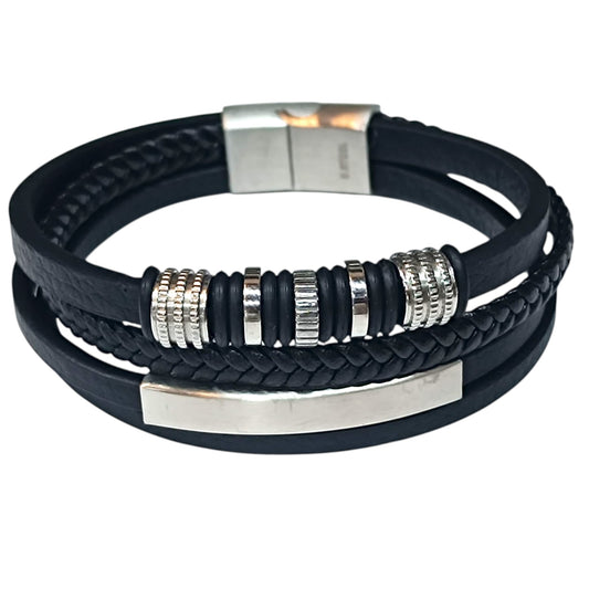 Pulsera Acero Y Cuero Negro Largo 22 Cms Aprox 401104257-31