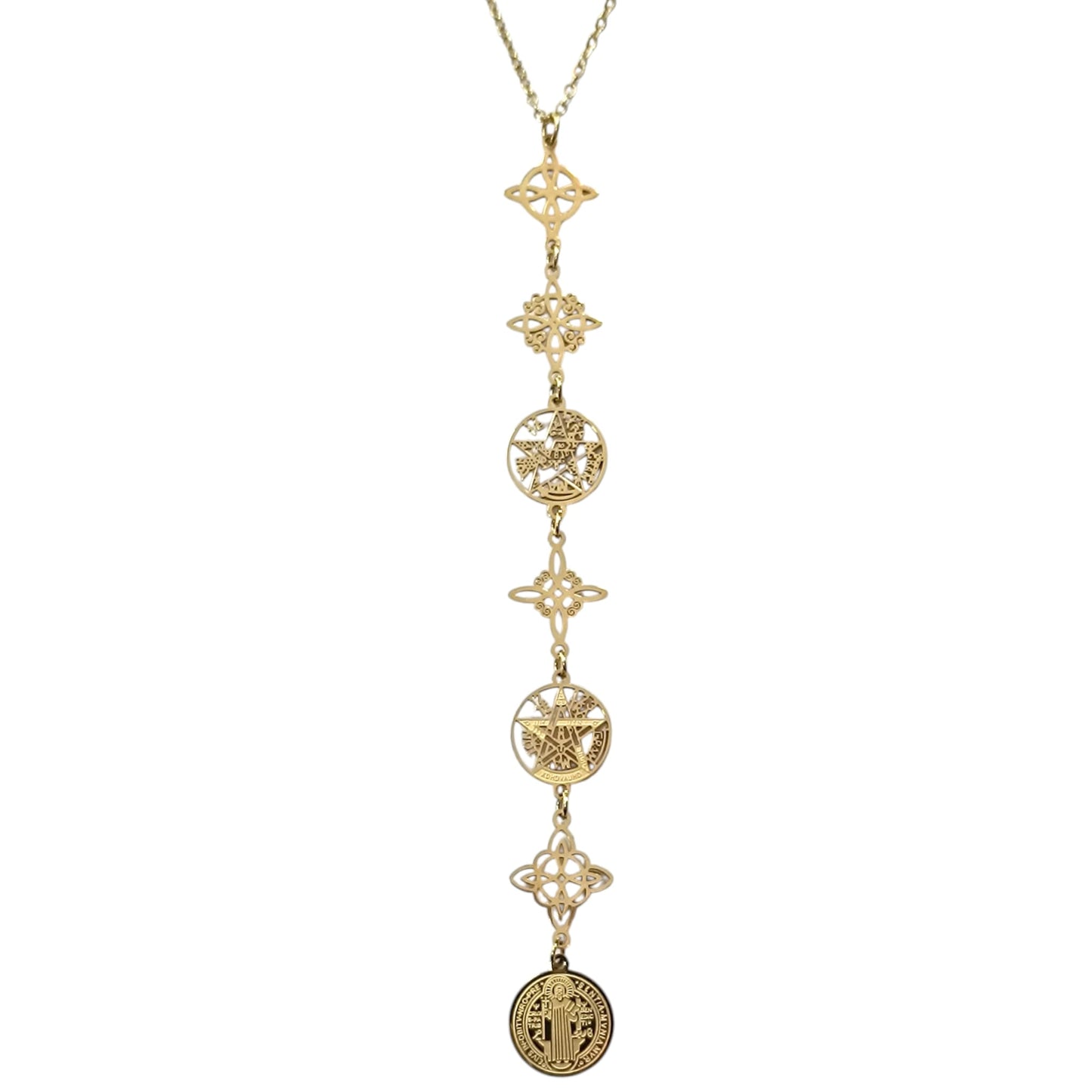 Collar Acero Dorado Simbolos Nudo De Bruja Tetragramaton Y san Benito 11 Cms Cadena 40+5 Cms 400503423-08
