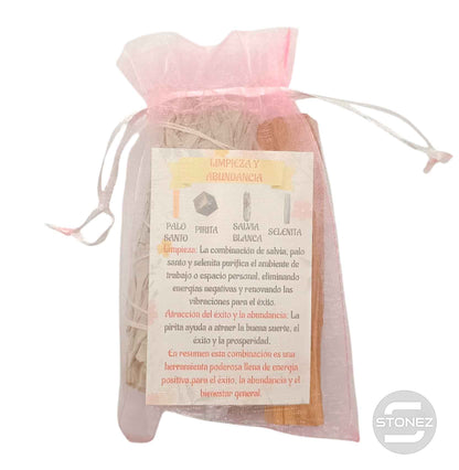 Kit Limpieza Y Abundancia :Atado Salvia , Palo Santo, Selenita y Pirita - stonez