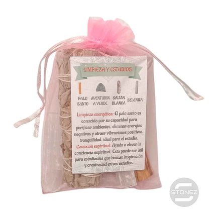 Kit Limpieza Y Estudios :Atado Salvia , Palo Santo, Selenita y Aventurina